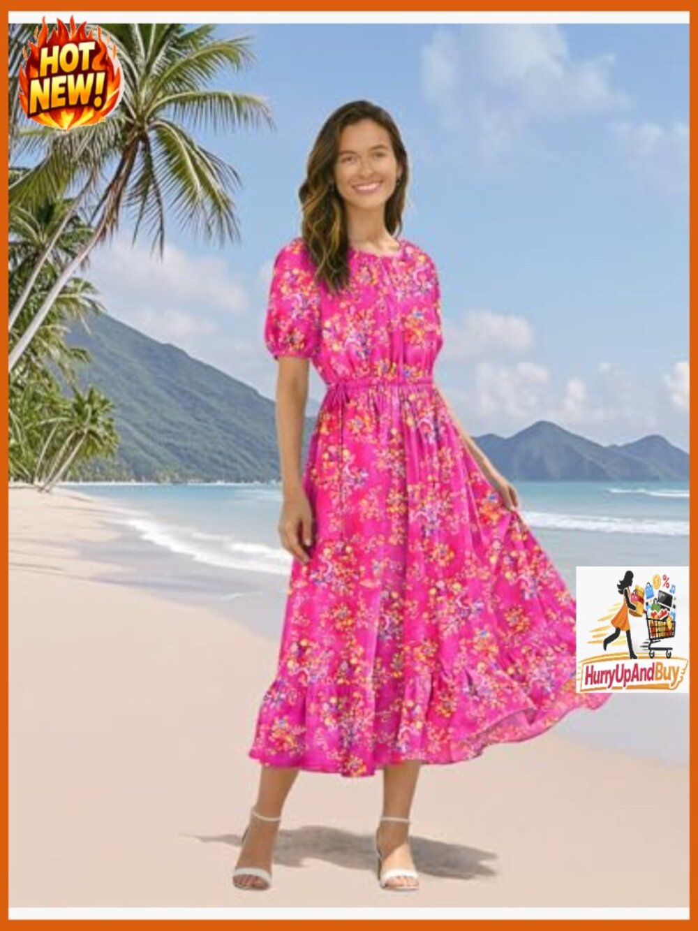 Boho Maxi Dress with Puff Sleeves Drawstring Waist Pockets Summer Casual - Picture 3 of 7